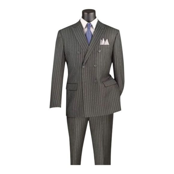 VINCI MENS 2 PIECE DOUBLE BREASTED PINSTRIPE SUIT W/ ADJUSTABLE WAISTBAND F-DSS - Picture 2 of 2